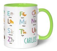 Printed Mug for Children - ABC Animals - Personalised with Name - Learn Letters with Animals - Mug for First Day of School - Gift for Boys and Girls - 330 ml - Colour: Green