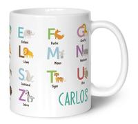 Printed Mug for Children - ABC Animals - Personalised with Name - Learn Letters with Animals - Mug for First Day of School - Gift for Boys and Girls - 330 ml - Colour: White