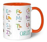 Printed Mug for Children - ABC Animals - Personalised with Name - Learn Letters with Animals - Mug for First Day of School - Gift for Boys and Girls - 330 ml - Colour: Orange