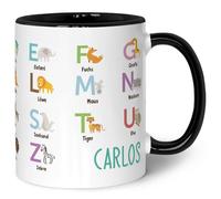 Printed Mug for Children - ABC Animals - Personalised with Name - Learn Letters with Animals - Mug for First Day of School - Gift for Boys and Girls - 330 ml - Colour: Black