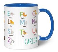 Printed Mug for Children - ABC Animals - Personalised with Name - Learn Letters with Animals - Mug for First Day of School - Gift for Boys and Girls - 330 ml - Colour: Blue