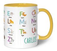 Printed Mug for Children - ABC Animals - Personalised with Name - Learn Letters with Animals - Mug for First Day of School - Gift for Boys and Girls - 330 ml - Colour: Yellow