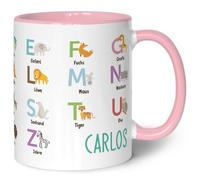 Printed Mug for Children - ABC Animals - Personalised with Name - Learn Letters with Animals - Mug for First Day of School - Gift for Boys and Girls - 330 ml - Colour: Pink