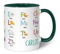 Printed Mug for Children - ABC Animals - Personalised with Name - Learn Letters with Animals - Mug for First Day of School - Gift for Boys and Girls - 330 ml - Colour: Dark Green