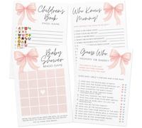 Printed Party Baby Shower Games for Girl - Pink Bow Design, Set of 4 Fun Activities for 30 Guests, Includes Bingo, Emoji Game, Guess Who, and Who Knows Mommy