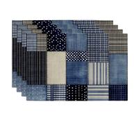 Printed Placemats, Blue Polka Dot Plaid Pattern Rustic Country Place Mats for Dining Table, Non-Slip Washable Indoor Outdoor Casual Decorative Placemats for Spring Summer Parties Set of 4