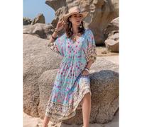 Printed Puff Sleeve Ruched Midi Dress- Light Blue Dresses Everyday The Label Blue 14