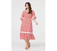Printed Relaxed Lace Trim Midi Dress Izabel London Red 10