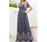 Printed Round Neck Short Sleeve Maxi Dress- French Blue Dresses Everyday The Label Blue M