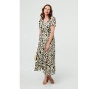 Printed Ruched Front V-Neck Midi Dress Izabel London White 12