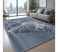 Printed Short Pile Area Rug with Snow Leopard Design, Grey, 80 x 120 cm