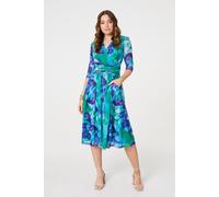 Izabel London Printed Short Sleeve Pleated Wrap Midi Dress for Women UK with Pockets and a Faux wrap Shape.
