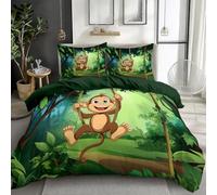 Printed Single Duvet Cover, Cartoon Monkey Jungle Plants Pattern Print Microfibre Duvet Cover Set Reversible, 2 Pcs Bedding Set with Zipper + 1 Pillowcases 40x60 cm, Forest Green