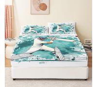 Printed Single Fitted Bed Sheets, Super Soft Deep Fitted Sheet Brushed Microfibre Anti Wrinkle Bedsheet Bedding Simple Cartoon Cricket Player 35" x 75"(90 x 190 cm) White