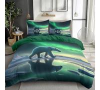 Printed Single Kids Duvet Cover, Polar Bear Romance Northern Lights Pattern Print Microfibre Duvet Cover Set Reversible, 2 Pcs Bedding Set with Zipper + 1 Pillowcases 40x60 cm, Forest Green