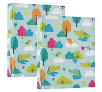 Printed Three Ring Binder 1.5 Inch, D Ring Binder with Pockets Decorative Binders for School College or Office, Cute Alligators Birds Blue