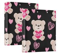 Printed Three Ring Binder, D Ring Binder with Pockets Decorative Binders for School College or Office, Cute Teddy Bear Pink Heart Black, one sizex1