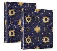 Printed Three Ring Binder, D Ring Binder with Pockets Decorative Binders for School College or Office, Celestial Gold Suns Moons (one sizex2)