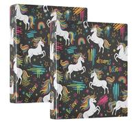 Printed Three Ring Binder, D Ring Binder with Pockets Decorative Binders for School College or Office, Unicorns Rainbow Stars