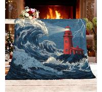 Printed Throw Blanket for Sofa and Bed 180x200 cm Ocean Giant Waves Lighthouse Soft Flannel Fleece Blanket Lightweight & Cozy Decorative Blankets Dark Blue Microfiber Warm Throw for All Seasons