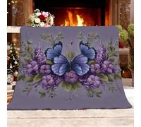 Printed Throw Blanket for Sofa and Bed 180x200 cm Romance Florals Butterflies Soft Flannel Fleece Blanket Lightweight & Cozy Decorative Blankets Purple Microfiber Warm Throw for All Seasons