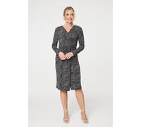 Izabel London Printed Twist Front Knee Length Dress for Women UK with a v-Neck, a Split Hem and Long Sleeves. Black