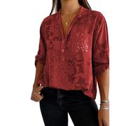 Printed V-Neck Half Button Top,Womens Casual Long Sleeve Henley Shirts Button V Neck Curved Hem Loose Blouse Tunics,Button Down V Neck Tunic Tops Blouses (Red,XL)