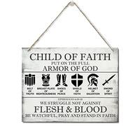 Printed Wood Plaque Sign Wall Hanging, Put on the Full Armor of God Quote Scripture Rustic Child Of Faith Hanging Wall Plaque Wood Signs, Ephesians 6:10-18 Christian Sign