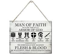 Printed Wood Plaque Sign Wall Hanging, Put on the Full Armor of God Quote Scripture Rustic Man Of Faith Hanging Wall Plaque Wood Signs, Ephesians 6:10-18 Christian Sign