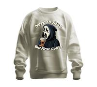Printera But First Coffee Grim Reaper Halloween Coffee Gothic Funny Scary Unisex Sweatshirt Pullover, natural, L