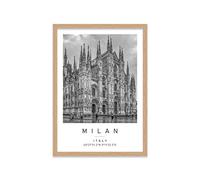 Printers Mews Duomo, Milan Travel Print Milan Wall art Black and white Poster A2 Print in Oak Effect frame 47 X 63cm (17.7x24.8inch)