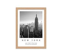 Printers Mews Empire State Building Travel Print New York Wall art Black and white Poster A4 Print in Oak Effect frame 24.5 X 33cm (9.6x13inch)