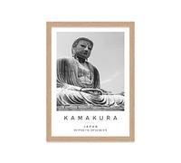 Printers Mews Great Buddha Travel Print Kamakura Wall art Black and white Poster A3 Print in Oak Effect frame 33.5 X 45.5cm (13.2x18inch)