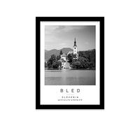 Printers Mews Lake Bled Travel Print Bled Wall art Black and white Poster A4 Print in Black frame 24.5 X 33cm (9.6x13inch)