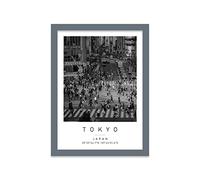 Printers Mews Shibuya Crossing Travel Print Tokyo Wall art Black and white Poster A4 Print in Grey frame 24.5 X 33cm (9.6x13inch)