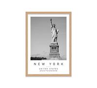 Printers Mews Statue of Liberty Travel Print New York Wall art Black and white Poster A2 Print in Oak Effect frame 47 X 63cm (17.7x24.8inch)