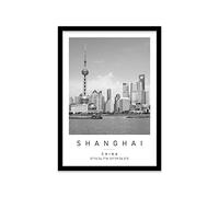 Printers Mews The Bund Travel Print Shanghai Wall art Black and white Poster A2 Print in Black frame 45 X 63cm (17.7x24.8inch)