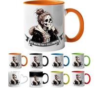 Printing Planet Just Waiting for Halloween Skeleton Girl Mug - Funny Spooky Coffee Cup | Cute Skeleton Drinking Latte Design | Halloween for Coffee Lovers & Friends (Orange).