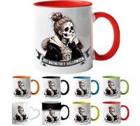 Printing Planet Just Waiting for Halloween Skeleton Girl Mug - Funny Spooky Coffee Cup | Cute Skeleton Drinking Latte Design | Halloween for Coffee Lovers & Friends (red).