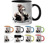 Printing Planet Just Waiting for Halloween Skeleton Girl Mug - Funny Spooky Coffee Cup | Cute Skeleton Drinking Latte Design | Halloween for Coffee Lovers & Friends (Black).