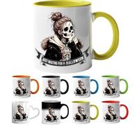 Printing Planet Just Waiting for Halloween Skeleton Girl Mug - Funny Spooky Coffee Cup | Cute Skeleton Drinking Latte Design | Halloween for Coffee Lovers & Friends (Yelllow).