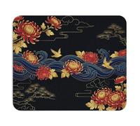PRINTNESTUK Japanese Chrysanthemum Wave Mouse Pad - Luxury Gold Red Floral Desk Mat, Oriental Art Design with Cranes & Ocean Waves, Gift for Japanese Art Lovers, Elegant Home & Office Desk Accessory