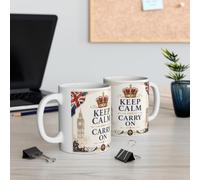 PRINTNESTUK Keep Calm and Carry On Mug - British Union Jack Coffee Cup, Big Ben London Design, Royal Crown Gift for Him & Her, Novelty 11oz Ceramic Mug UK Souvenir