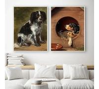 Prints Canvas Painting Vintage Girl With Gentle Dogs Posters Victorian Farmhouse Dog House Wall Pictures Home Room Decor(50x70cm-2pcs)