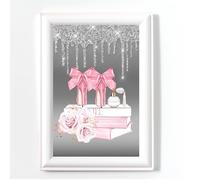 prints for walls, prints for walls unframed Glamorous Books Perfume Print, Shoe Bedroom Wall Art, No Frame, Digital Glitter,Pink Silver Grey Office Picture A4 (18)