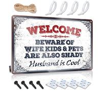 Prints Gift For Mechanic Cool Wall Decor - Welcome Beware Of Wife Children And Pets Are Also Shady As Well Husband Is Cool Smiley Face Metal Wall Art Ready To Hang For Kitchen(30X40CM)