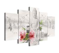 Prints on Canvas - Canvas Wall Art 100x50 cm/40"x20" 5 pieces - Non-woven Canvas Prints Image Framed Artwork Painting Picture Photo Home Decoration - buddha flowers purple red rose pink b-A-0020-b-p