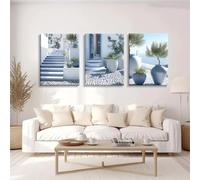 Prints on Canvas Painting Blue and White Mediterranean Wall Art Coastal Greece Landscape for Living Room Home Decoration 60x90cm-3Pcs Frameless