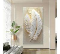 Prints On Canvas Painting Modern Abstract Gold And White Feather Wall Art, For Living Room Bedroom Home Decoration(70X140cm)
