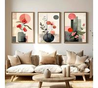 Prints on Canvas Painting Print Modern Geometric Plant Artwork with Pink Flowers and Leaves For Living Room Bedroom Office(30x45cm-3Pcs)